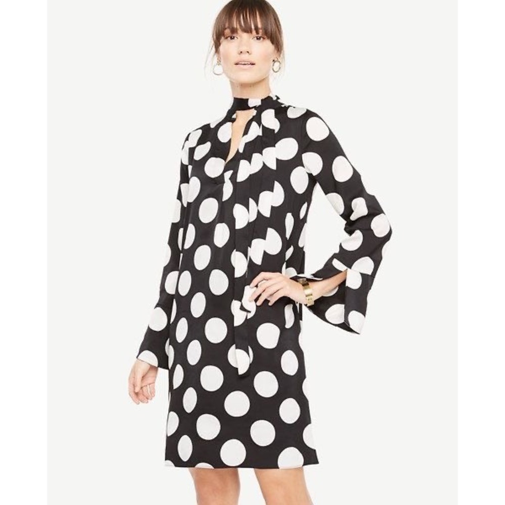 ANN TAYLOR Black & White Long Sleeve Circle Shift Dress With Tie | Size Small